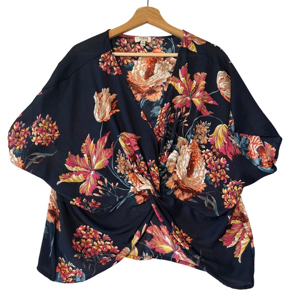 UMGEE USA Tops - UMGEE Women Medium Navy Floral Twist Front Kimono Sleeve Top Oversized Bloomcore